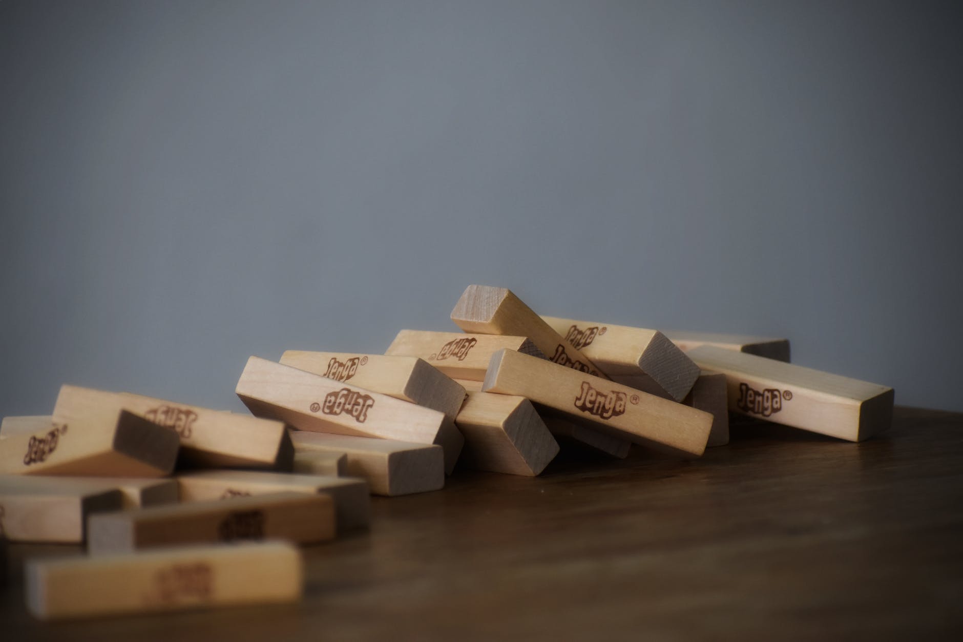 party game with wooden blocks scattered chaotically